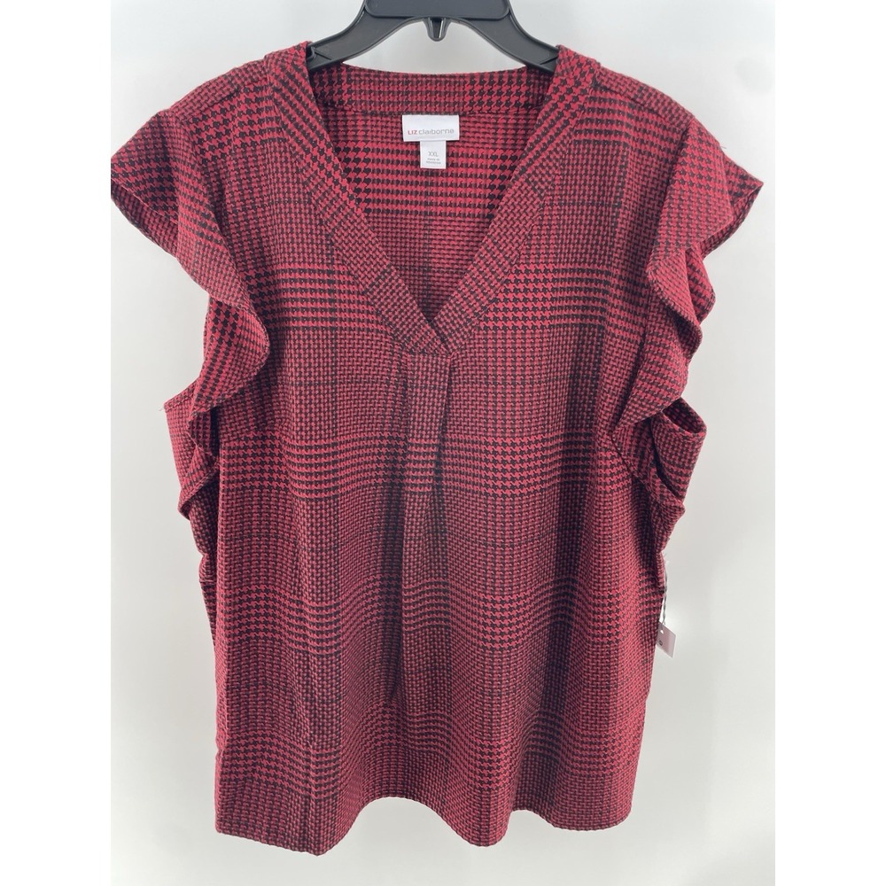 Liz Claiborne Womens Shirt Plus 2X Cabaret Red‎ Black Check Gingham Garden Top